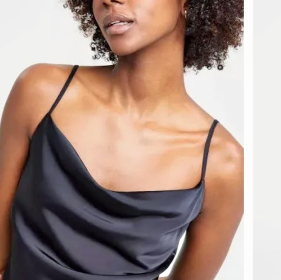 BAR III BLACK DRESS WITH A SATIN FINISH AND A DRAPEY COWL-NECKLINE. SIZE L - Picture 10 of 14